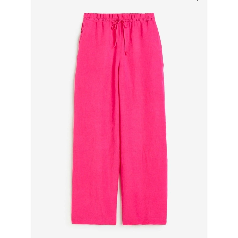 H&M Women Linen Blend Wide Leg Pants Med Pink Drawstring vacation travel beach